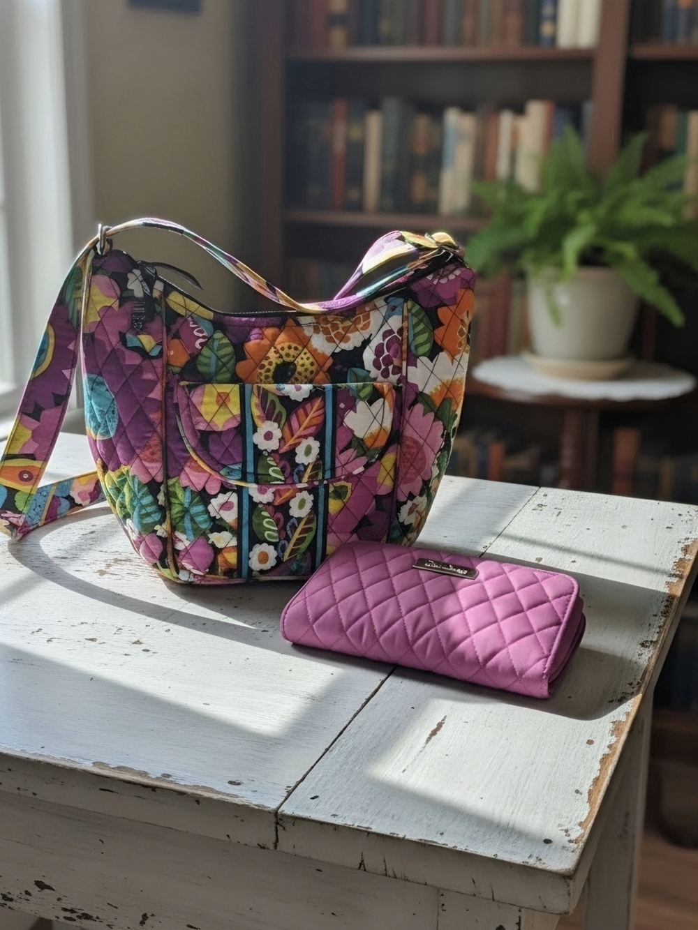 Vera Bradley Crossover Quilted Floral Shoulder Purse & Quilted Magenta Wallet